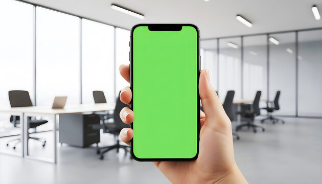 Hand holding a smartphone with bright green screen in a modern office setting, ideal for mobile app mockups, UI/UX previews, digital presentations, technology demos, and professional branding visuals