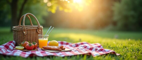 A serene picnic scene with a wicker basket and fresh food on a checkered blanket, sunlight filtering through trees, gentle breeze swaying leaves, and a slow cinematic camera pan.