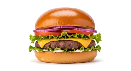 Juicy hamburger with cheese, lettuce, tomato, onion, isolated on white