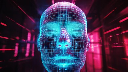 Artificial intelligence human head wireframe in futuristic tunnel - Powered by Adobe