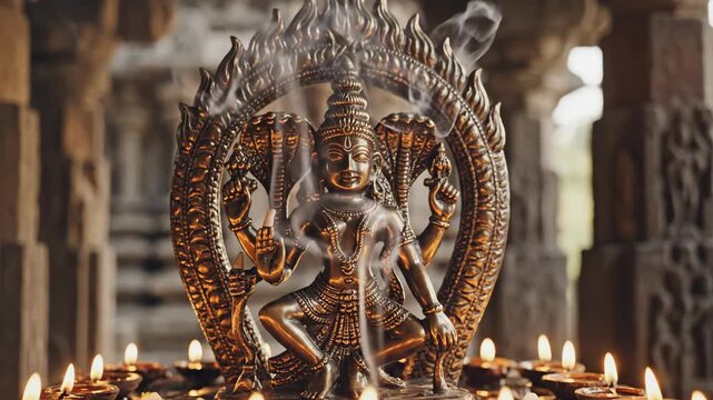 Celebrating Arudra Darshan Bronze Nataraja Statue with Incense and Oil Lamps for Hindu Festival