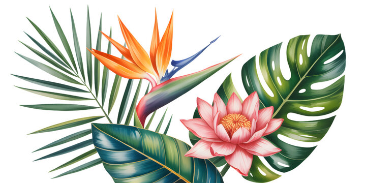 Watercolor tropical flower mix PNG with bird of paradise and palm leaves