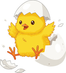 Cute yellow baby chick hatching from egg cartoon illustration, adorable newborn bird breaking shell vector design for kids