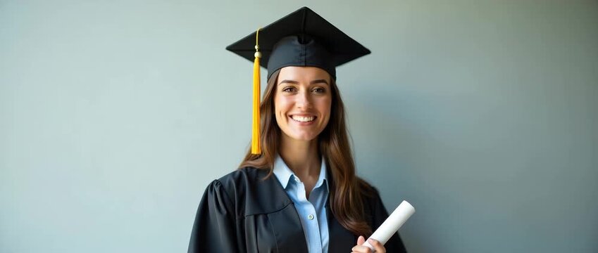 Confident graduate in cap and gown smiling, holding diploma, with soft ambient lighting; camera gently pans across scene, capturing the moment in a cinematic, inspirational style.
