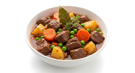 Hearty beef stew with potatoes, carrots, and peas in a bowl, isolated on white background