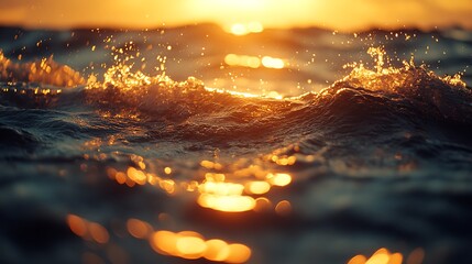 Sunset over water waves closeup