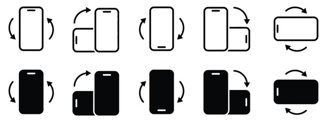 smartphone, phone, mobile, device, rotation, orientation, turn, landscape, portrait, icon, symbol, graphic, outline, solid, black, white background, technology, interface, user experience, app, settin