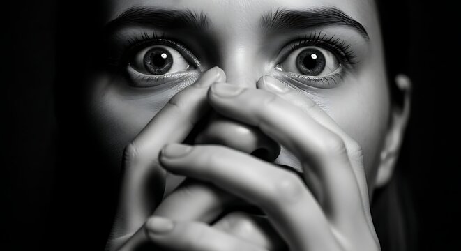 Intense monochrome portrait of a young woman expressing fear and anxiety with her hands close to her.jpg