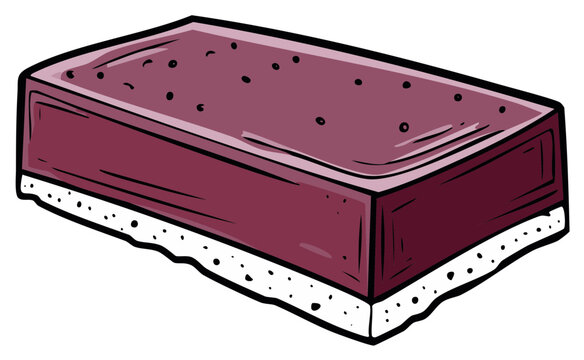 Illustration of a layered rectangle cake with purple icing and white dotted bottom layer, isolated.