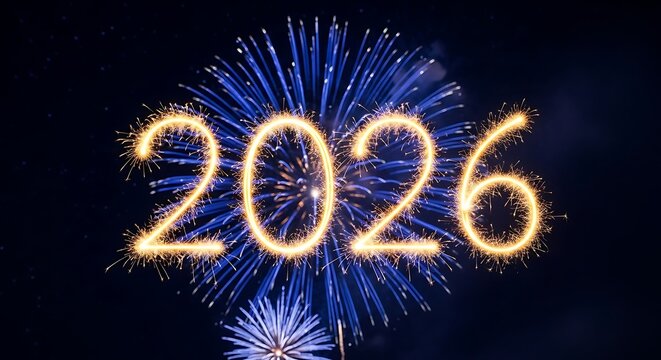 Bright golden sparkler numbers of 2026 illuminate the night sky against a backdrop of vibrant blue fireworks celebrating the upcoming new year