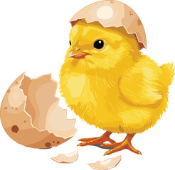 Cute yellow baby chick hatching from egg shell, newborn chicken illustration, adorable farm animal concept for children’s education design