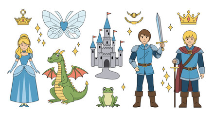 Fairytale collection of classic characters and magical elements including a princess, brave knights, a green dragon, and a castle.