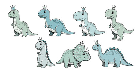 Obraz premium Adorable collection of seven cute baby dinosaurs, including t-rex and triceratops, each wearing a small golden crown on its head.