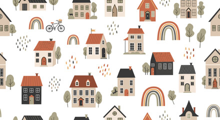 Whimsical seamless pattern with cute scandinavian-style houses, trees, and rainbows in a muted color palette on a white background.