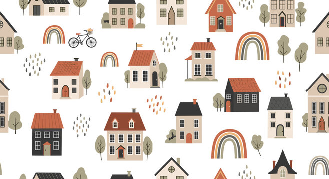 Whimsical seamless pattern with cute scandinavian-style houses, trees, and rainbows in a muted color palette on a white background.