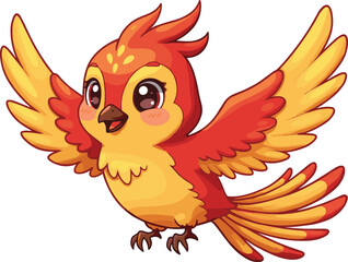 Cute red and yellow cartoon bird flying with open wings, adorable fantasy phoenix chick illustration, happy animal character design