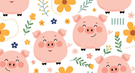 Fototapeta premium Adorable seamless pattern featuring cute, chubby pink pigs smiling happily among scattered colorful flowers and green leaves.