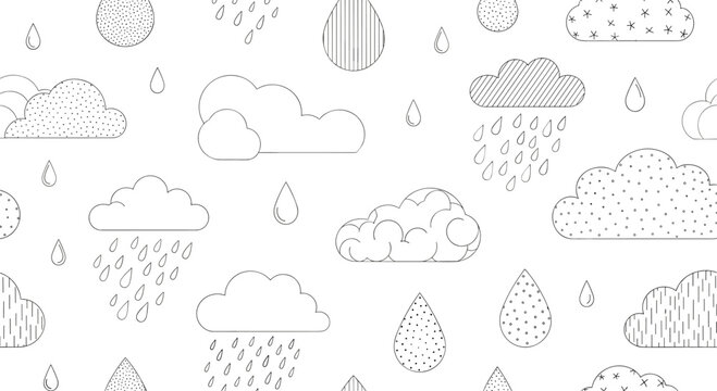 Minimalist black and white seamless pattern of various hand-drawn outline clouds, rain, and drops with different hatch textures.
