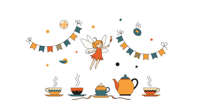 Whimsical illustration of a cute little fairy hosting a magical tea party with a teapot, cups, and colorful party banners.
