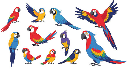 Naklejka premium Large collection of colorful cartoon parrot and macaw birds in various standing, sitting, and flying poses on a white background.