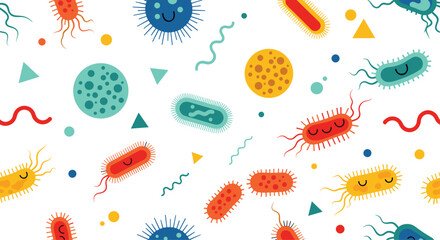 Colorful seamless pattern with cute cartoon bacteria and virus characters with happy faces. This playful microbiology design is perfect for kids' educational materials.