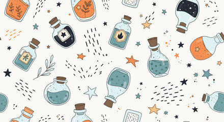 Enchanting seamless pattern with hand-drawn magic potion bottles, stars, and twigs. This whimsical fantasy background is perfect for kids' fabric, wallpaper, or party supplies.