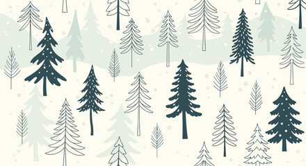 Fototapeta premium Winter forest seamless pattern with hand-drawn pine and fir trees on a snowy background. This cozy, rustic design is perfect for Christmas wrapping paper or holiday fabric.