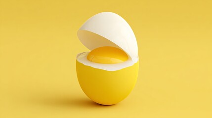 Vibrant yellow egg with shell cracked open, revealing sunny yolk against a matching background, perfect for breakfast, baking, or culinary concepts