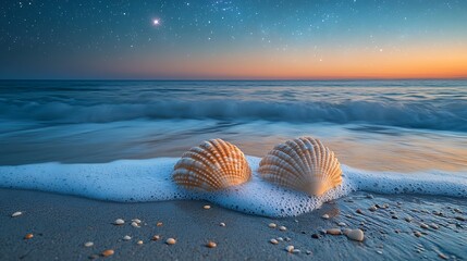 Seashells on beach at sunrise or sunset