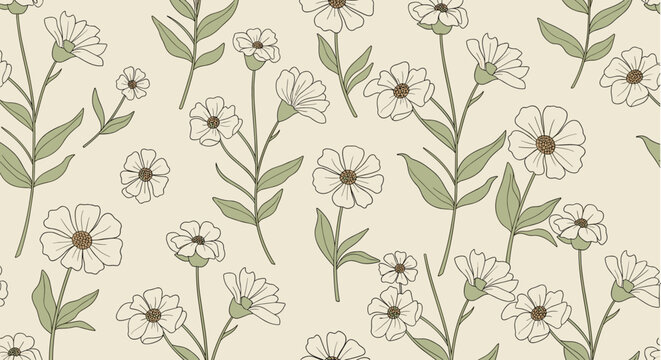 Vintage seamless pattern with delicate hand-drawn daisy flowers and green leaves on a beige background. This charming botanical design is perfect for rustic fabric or wallpaper.