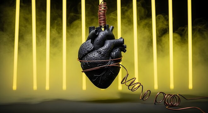 Heart model with copper wire and neon light - Powered by Adobe