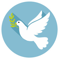 Fototapeta premium White dove carrying green olive branch, a universal symbol of peace and hope icon