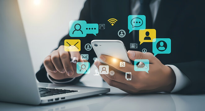 A businessman uses a smartphone and laptop with social media icons, representing digital communication and online networking in a modern office setup.