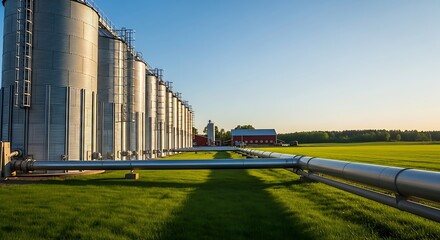 Obraz premium Rural Agricultural Landscape with Grain Bins and Farm Buildings Under a Clear Sky at Golden Hour Sho.jpg