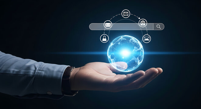 A hand cradles a glowing digital globe, symbolizing global networks, data, and online search, with digital icons floating above.