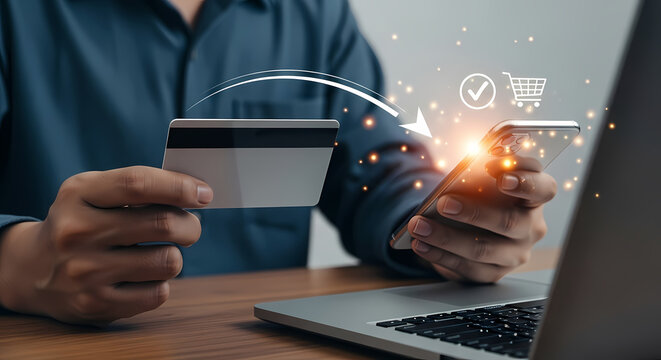 A person securely uses a credit card for online shopping on a laptop, with digital payment symbols illuminating the transaction process. - Powered by Adobe