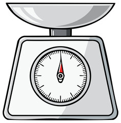 Cartoon illustration of a retro analog kitchen food scale with a dial