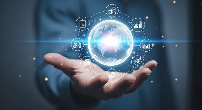 A person's hand cradles a glowing globe surrounded by digital icons, symbolizing global business, technology, and interconnectedness in a futuristic concept.