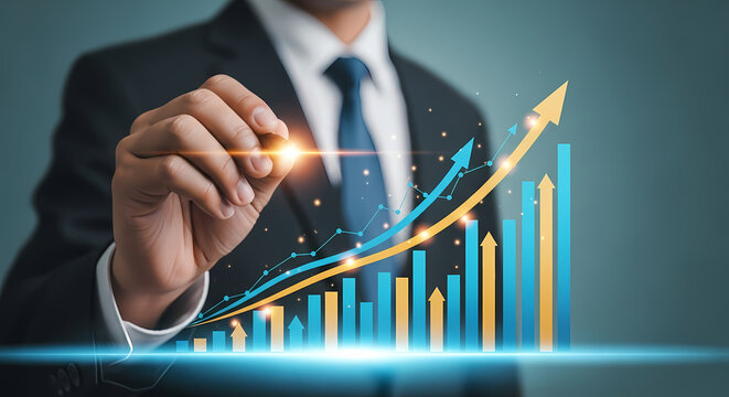 A businessman draws a rising financial graph, illustrating business growth, success, and market expansion with an upward arrow.