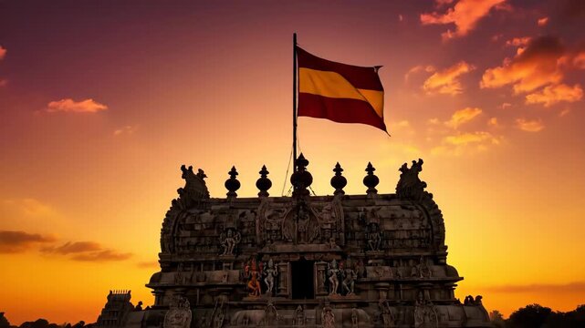 Magnificent Arudra Darshan Temple Tower at Dusk, India with Flag Waving and Colorful Sky