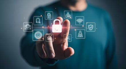 A person's hand interacting with a glowing digital padlock, symbolizing cybersecurity, data protection, and online safety in a modern technological environment.