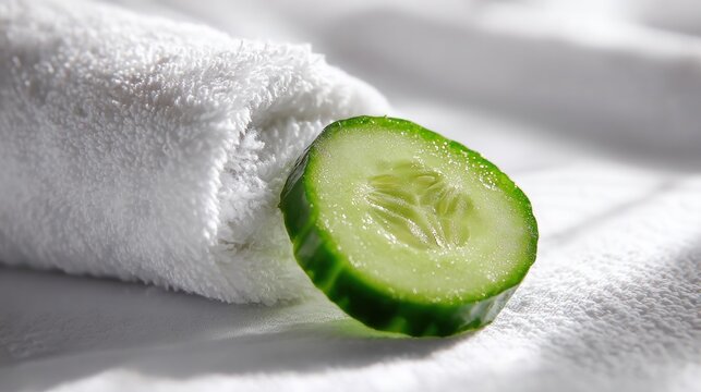 Cucumber Slice Serenity: A fresh, vibrant cucumber slice rests delicately upon a soft, folded towel, evoking a sense of spa-like relaxation and natural freshness.
