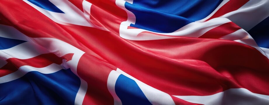 The Union Jack flag waving elegantly with vibrant patriotic red white and blue silk texture