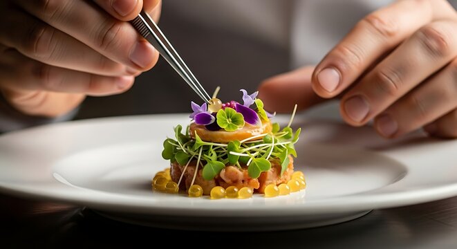 Artistic plating of gourmet dish with fresh microgreens and edible flowers by a professional chef fe.jpg