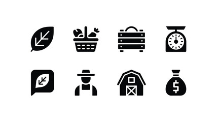 Collection of farm and agriculture related icons in black and white