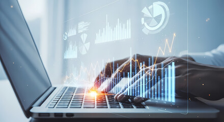 A person's hands typing on a laptop with data visualizations overlaid, representing business analysis and technological advancements.