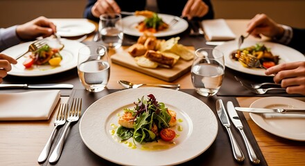 Fototapeta premium Elegant Dining Experience with Friends Fine Dining Table Setting and Culinary Delights Shared Meal C.jpg