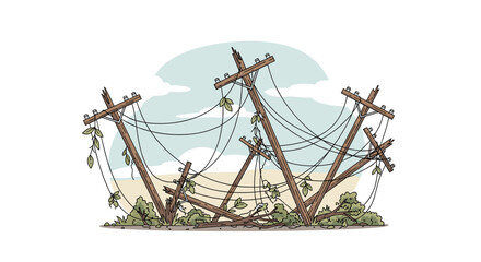 Downed power lines with fallen poles and vegetation in rural area  