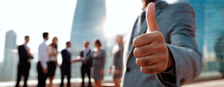 The Thumbs-Up Gesture of a Businessman Showing Approval During Outdoor Team Meeting