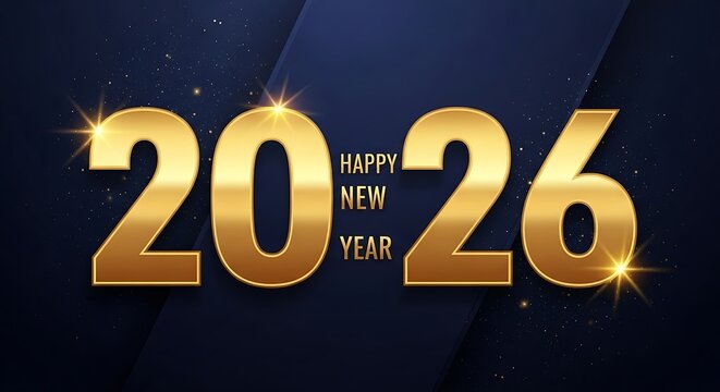 Golden 2026 happy new year text with sparkling lights and confetti on a dark blue background festive celebration greeting card for the upcoming year